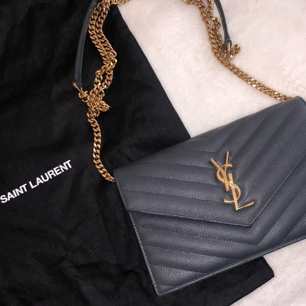 Authentic Saint Laurent Chevron Envelope Chain Wallet